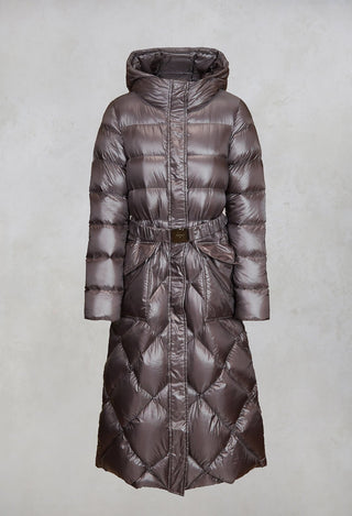 longline puffer coat in mid with hood, front pockets and a waist belt