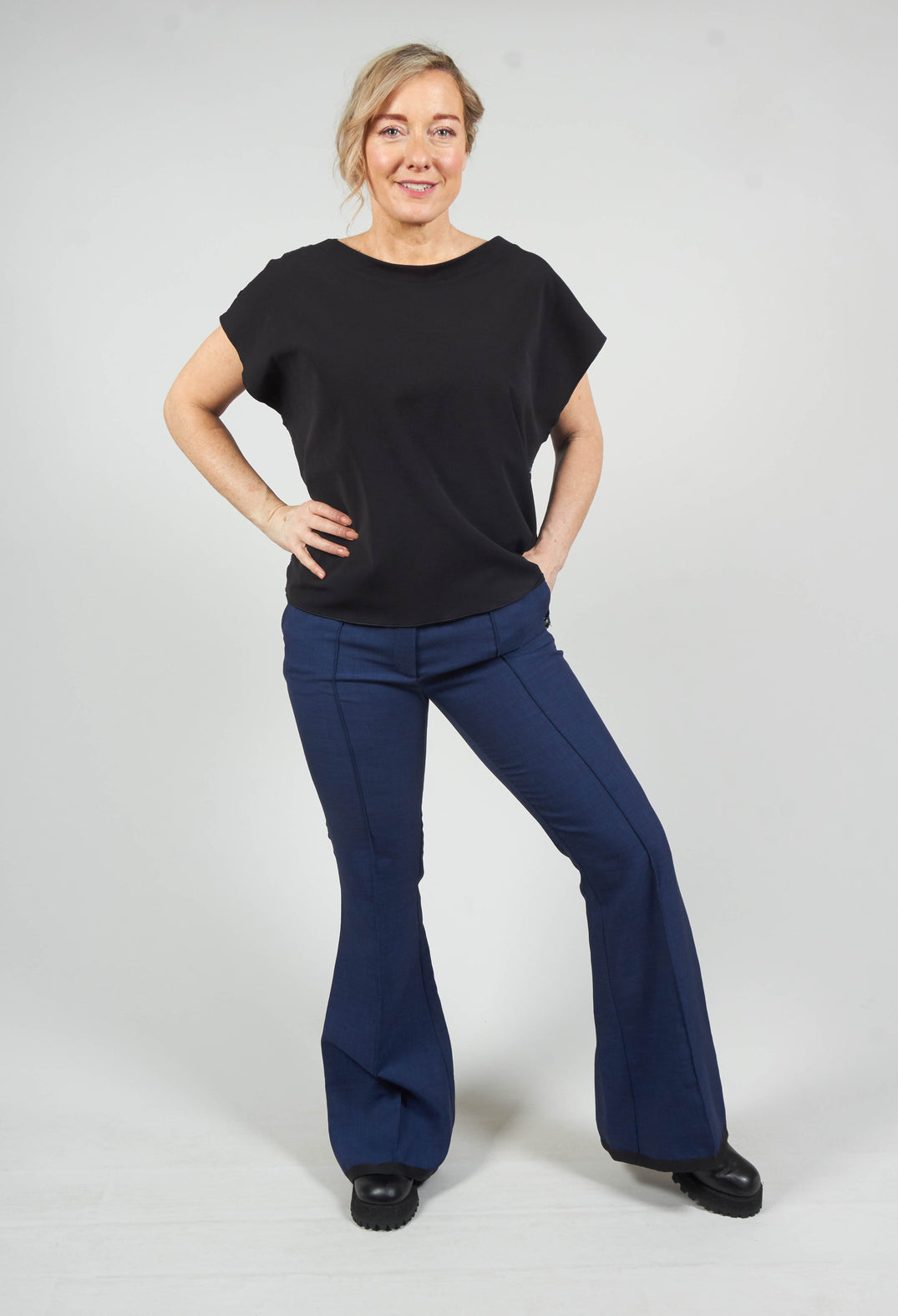 Long Wide Leg Trousers in Navy