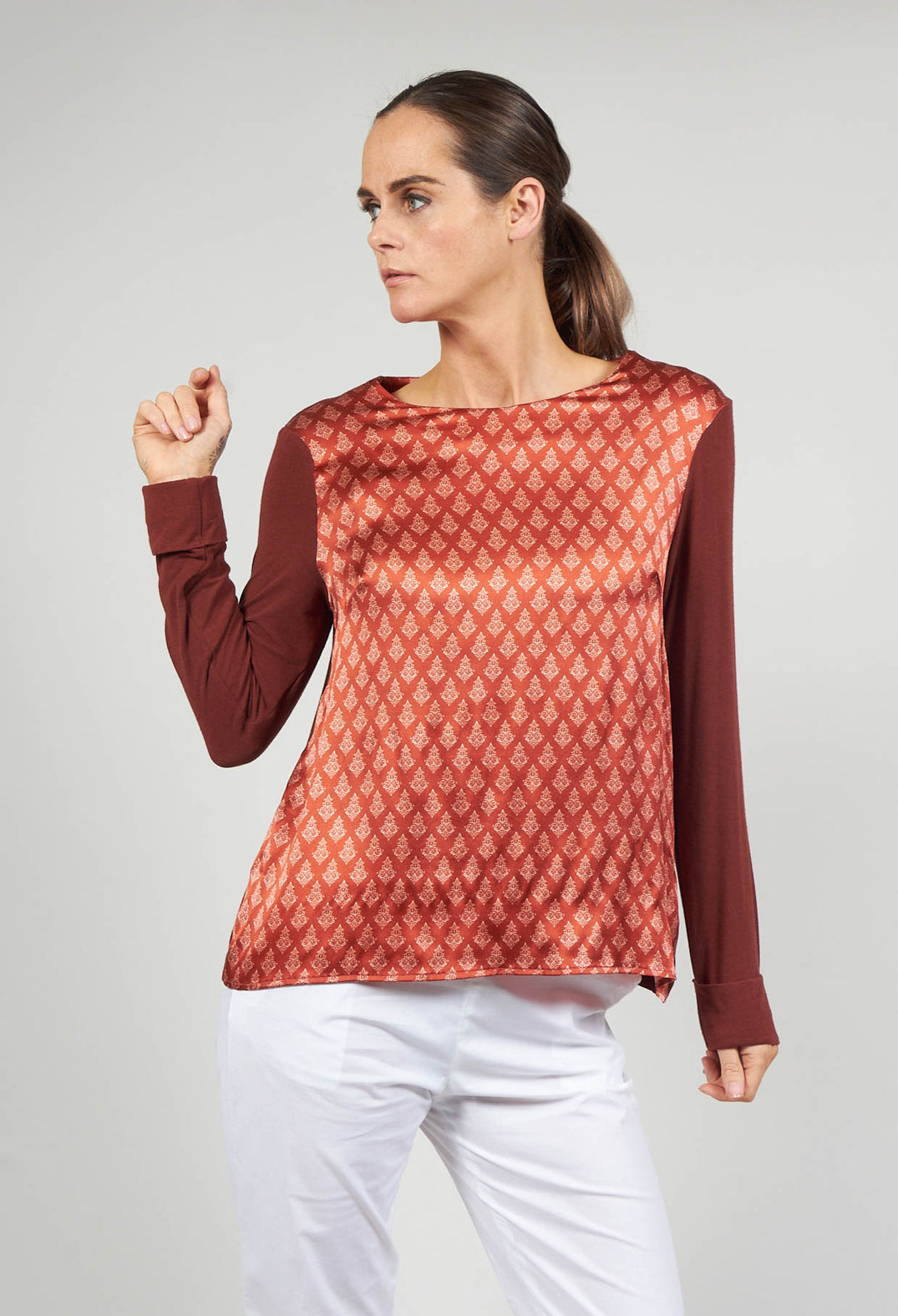 Printed Silk Contrasting Fabric Trapeze Shirt in Vulcano
