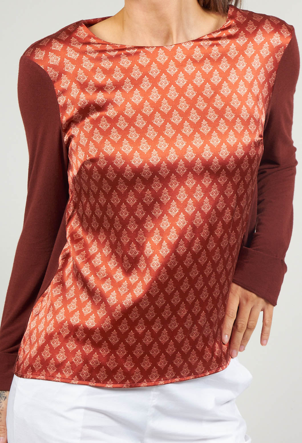 Printed Silk Contrasting Fabric Trapeze Shirt in Vulcano