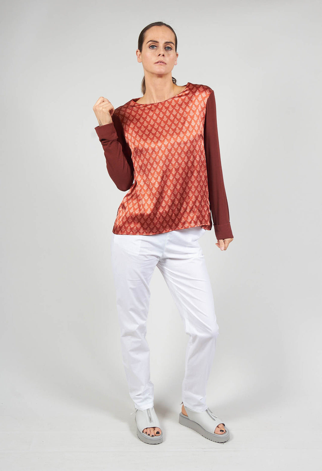 Printed Silk Contrasting Fabric Trapeze Shirt in Vulcano