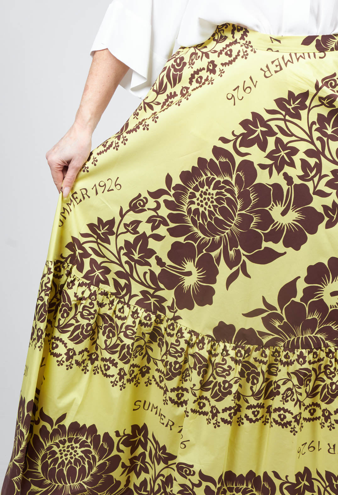 close up detail of maxi skirt in tahiti print