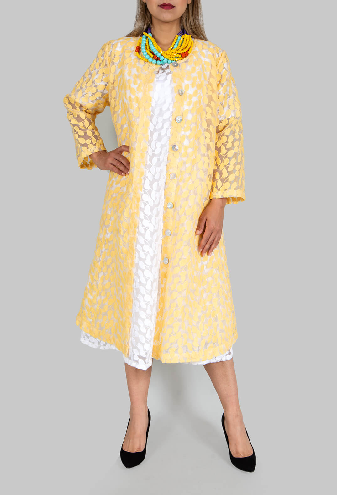 Sheer Printed Midi Coat with Button Front in Sorbet