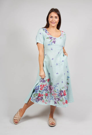 Multi Coloured Placement Pintround Neck Linen Dress in Aqua