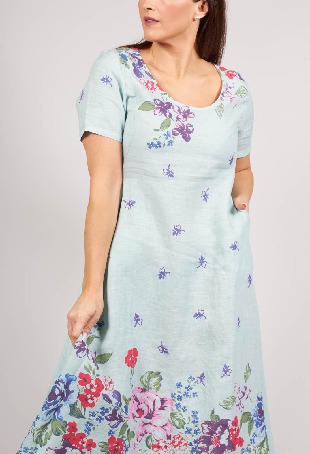 Multi Coloured Placement Pintround Neck Linen Dress in Aqua