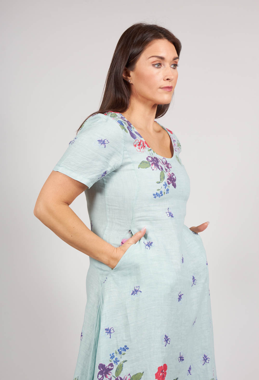 Multi Coloured Placement Pintround Neck Linen Dress in Aqua