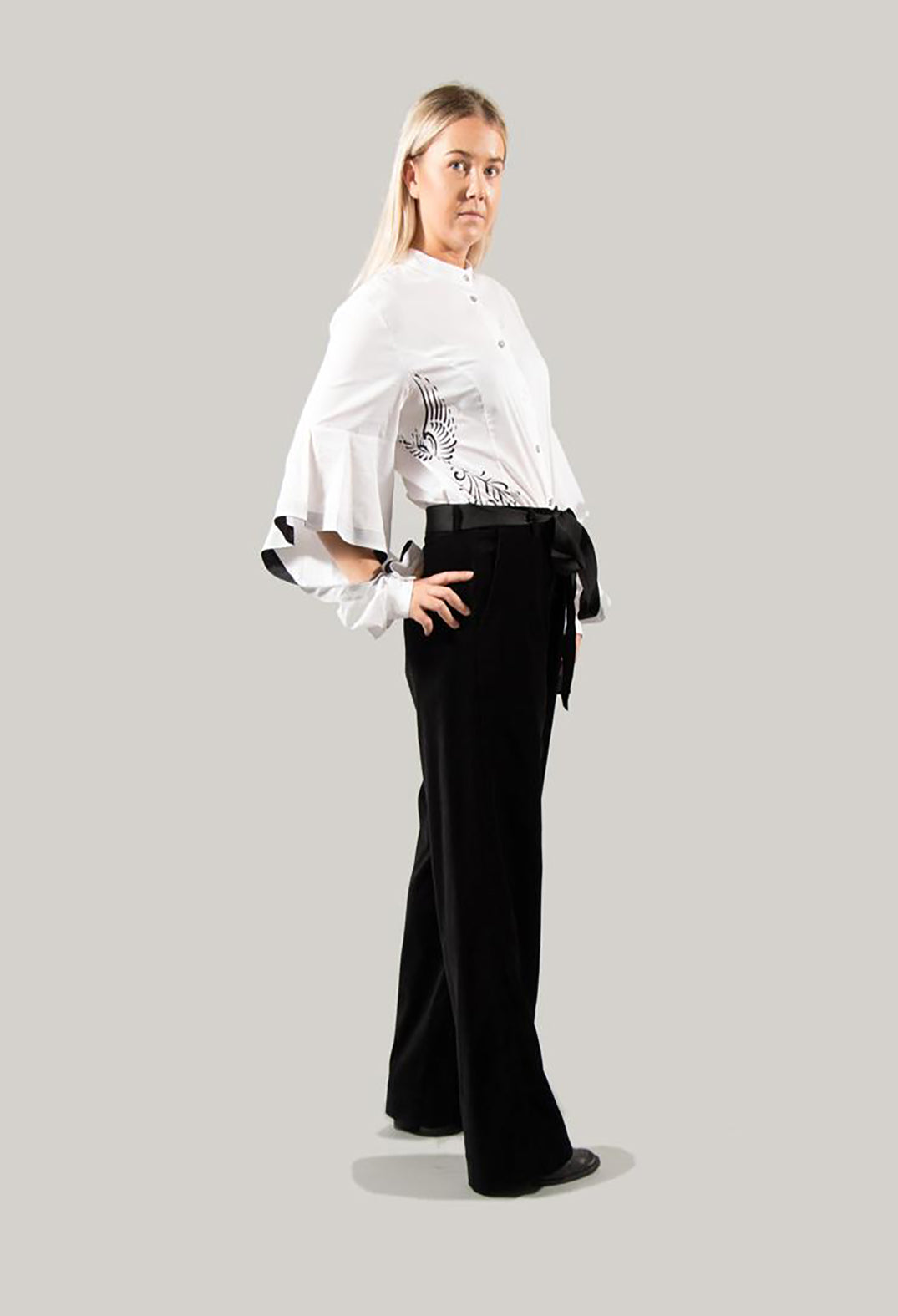 Belted Wide Leg Trousers in Black Velvet