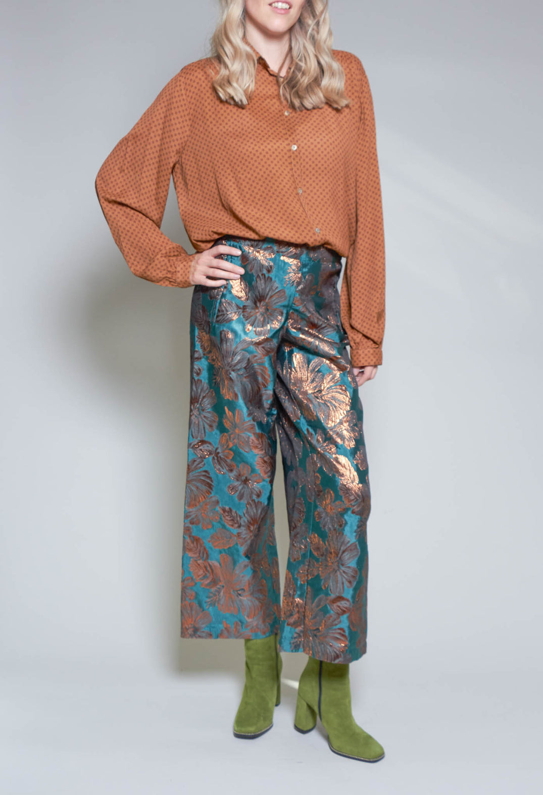 Printed Bojan Wide Leg Trousers in Emerald