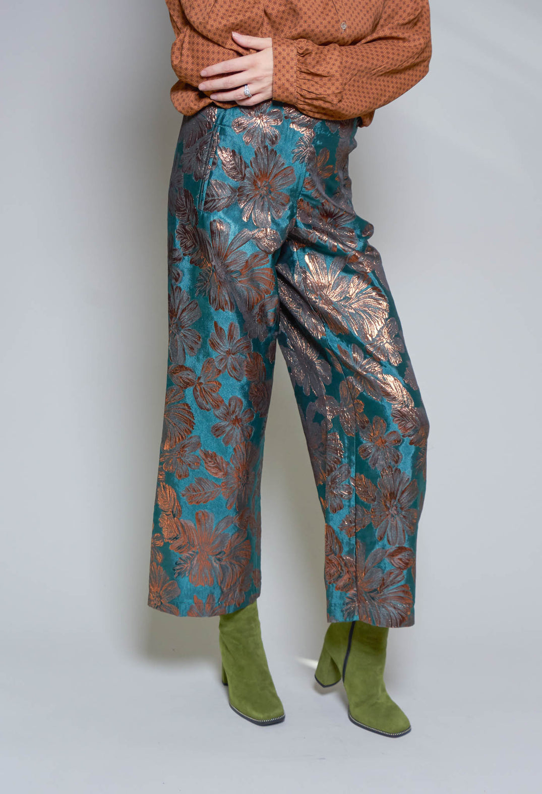 Printed Bojan Wide Leg Trousers in Emerald