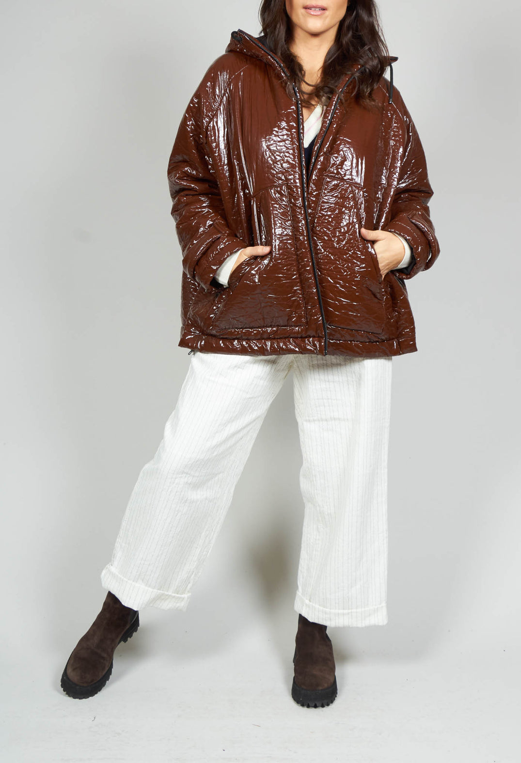 Short A Line Jacket with Hood in Glossy Mahony