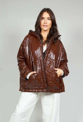 Short A Line Jacket with Hood in Glossy Mahony