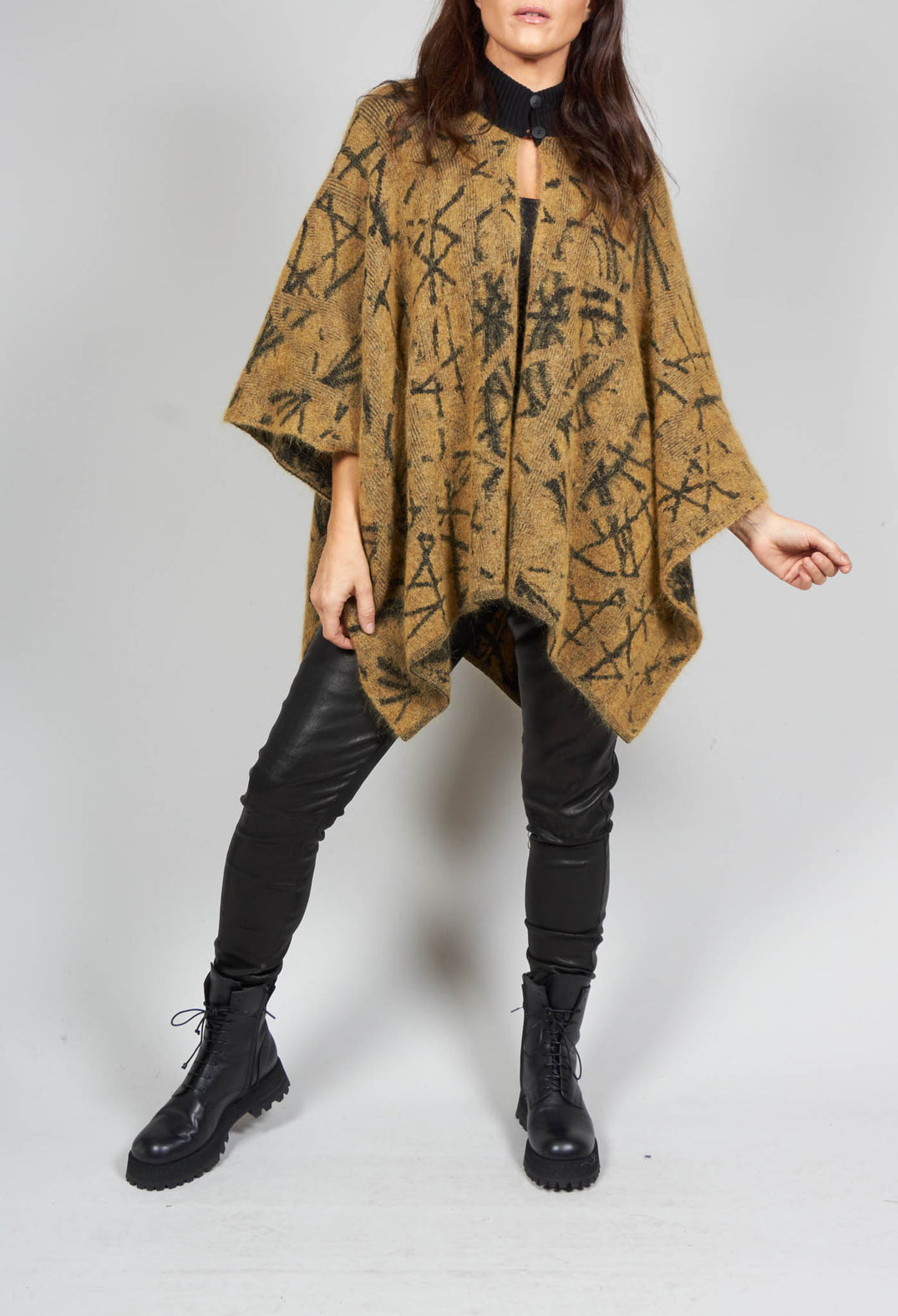 High Button Neck Poncho with Black Pattern Detail in Mustard
