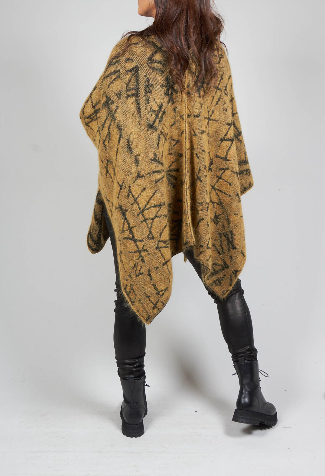 High Button Neck Poncho with Black Pattern Detail in Mustard
