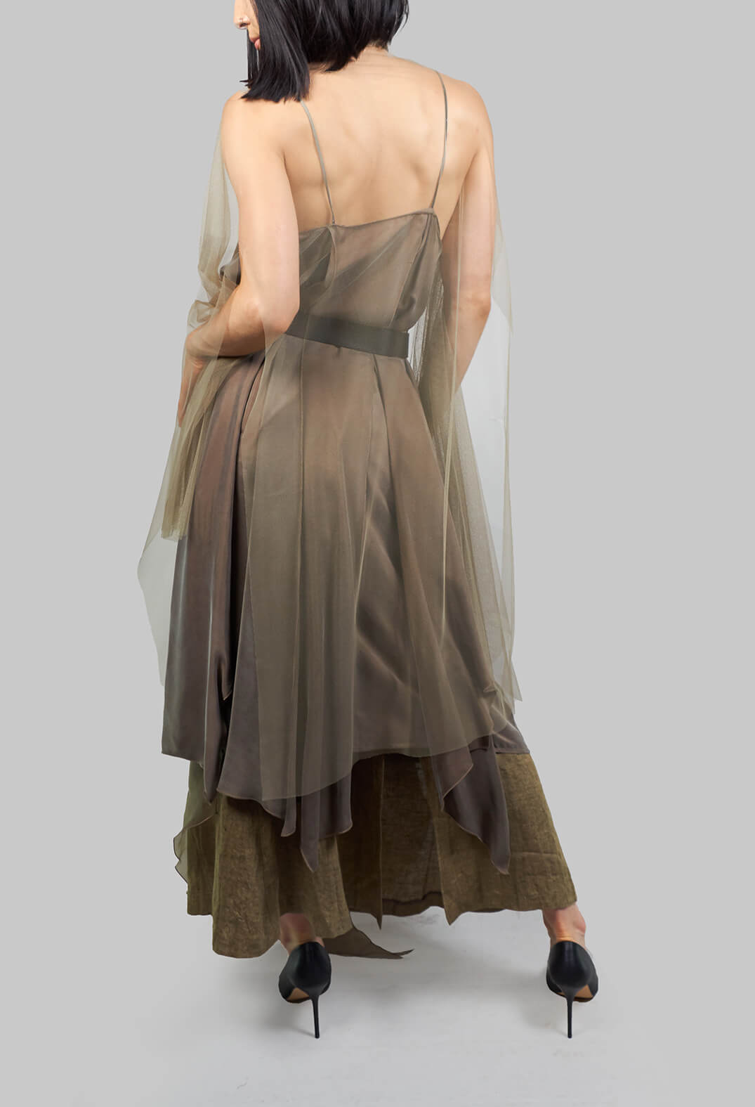 Multilayed Dress with Asymmetric Neckline in Khaki