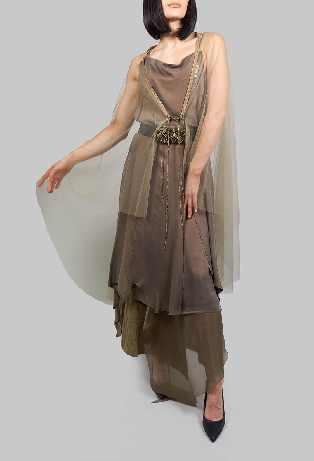 Multilayed Dress with Asymmetric Neckline in Khaki