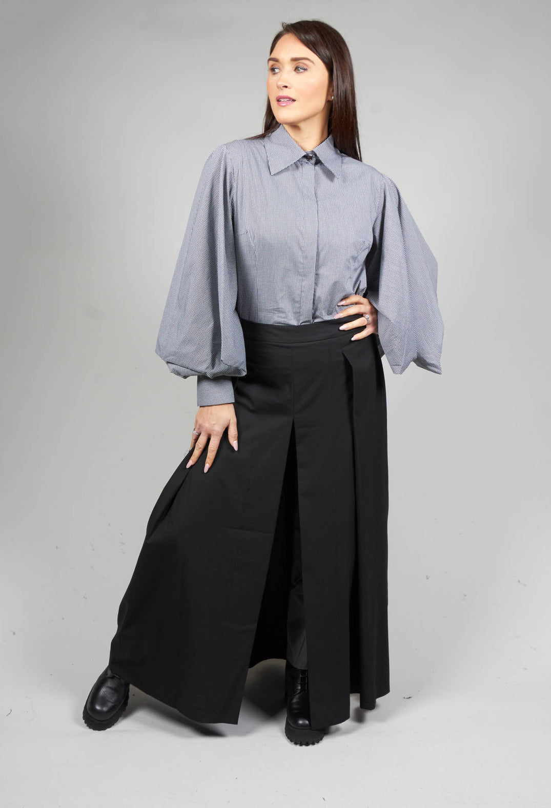 Shirt with Flared Puff Sleeves in Black Check