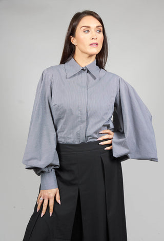 Shirt with Flared Puff Sleeves in Black Check