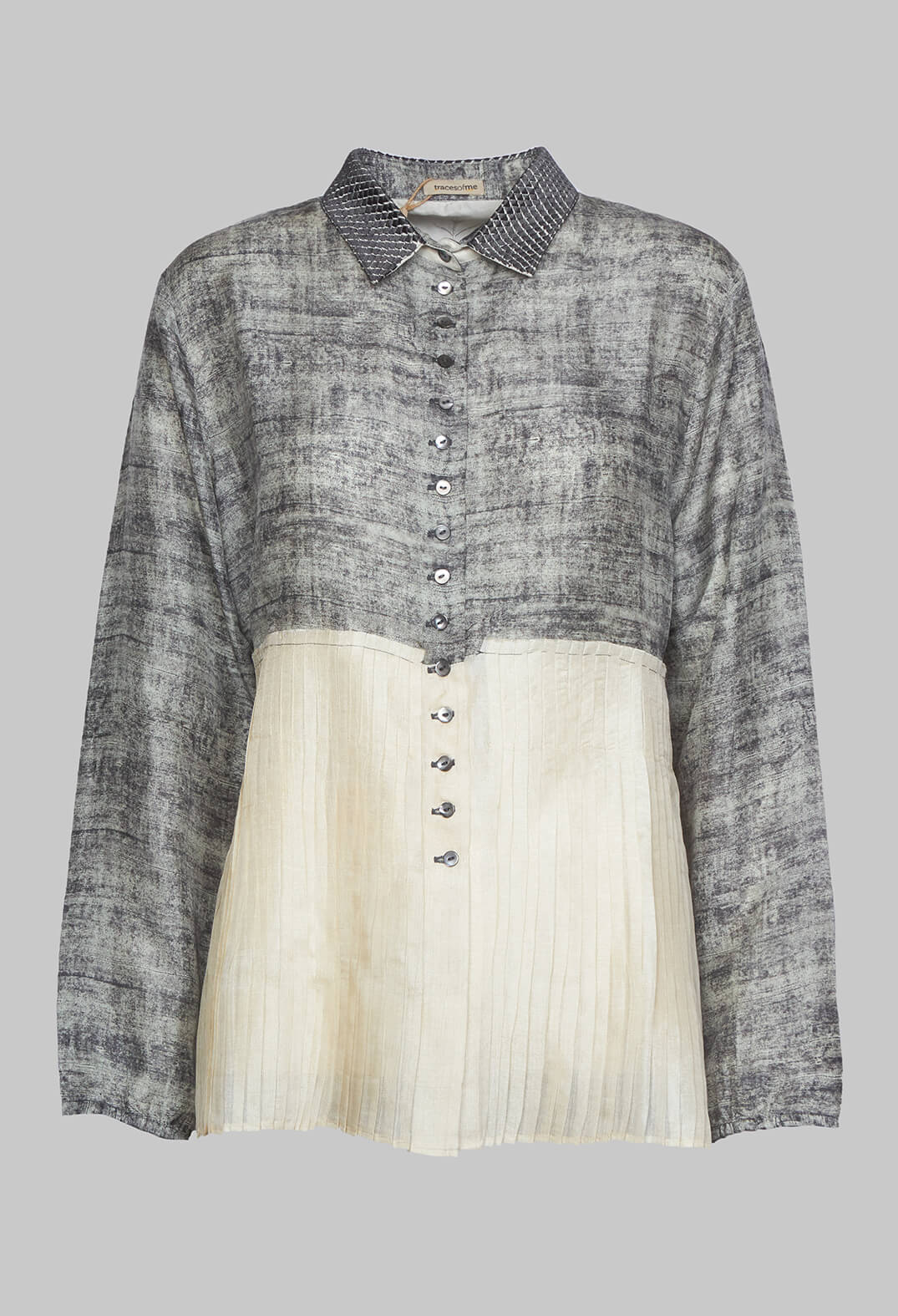 Pleated Hem Silk Shirt with Grey Marl Print