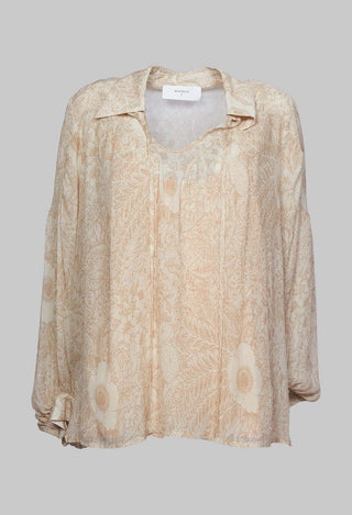beige printed georgette shirt with neck tie detailing and collar