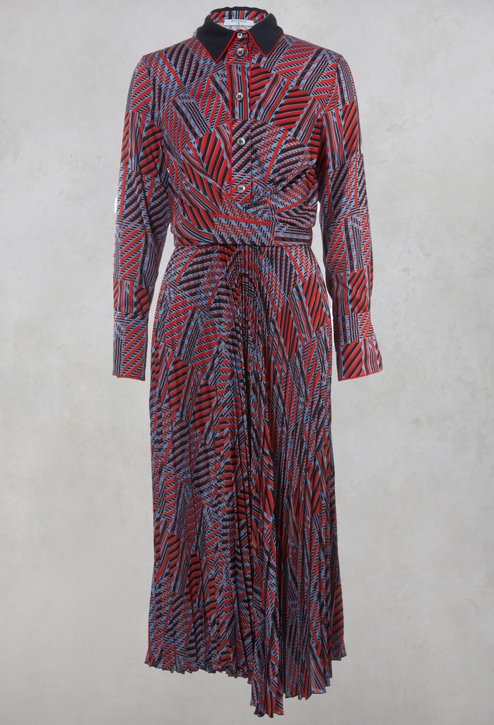 red and blue printed maxi dress with tie waist belt