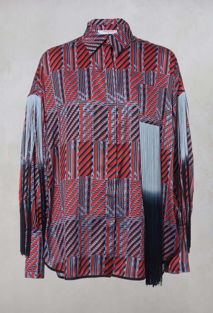 red and blue printed shirt with long sleeves