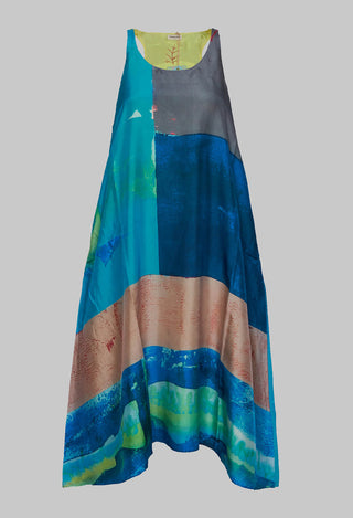 Racer Back Silk Dress with Bold Blue Print