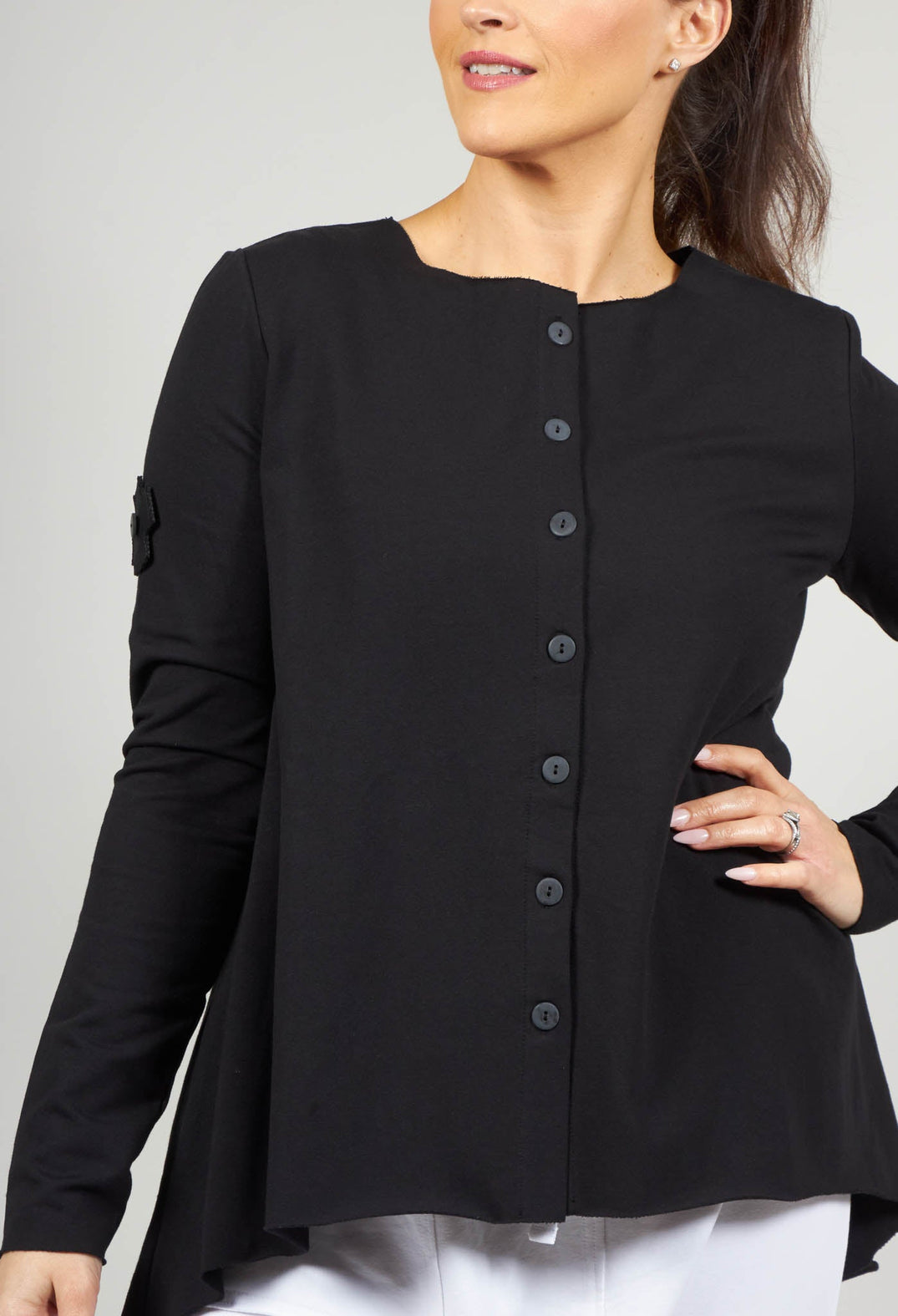 Round Neck Swing Style Jersey Cotton Cardigan in Black