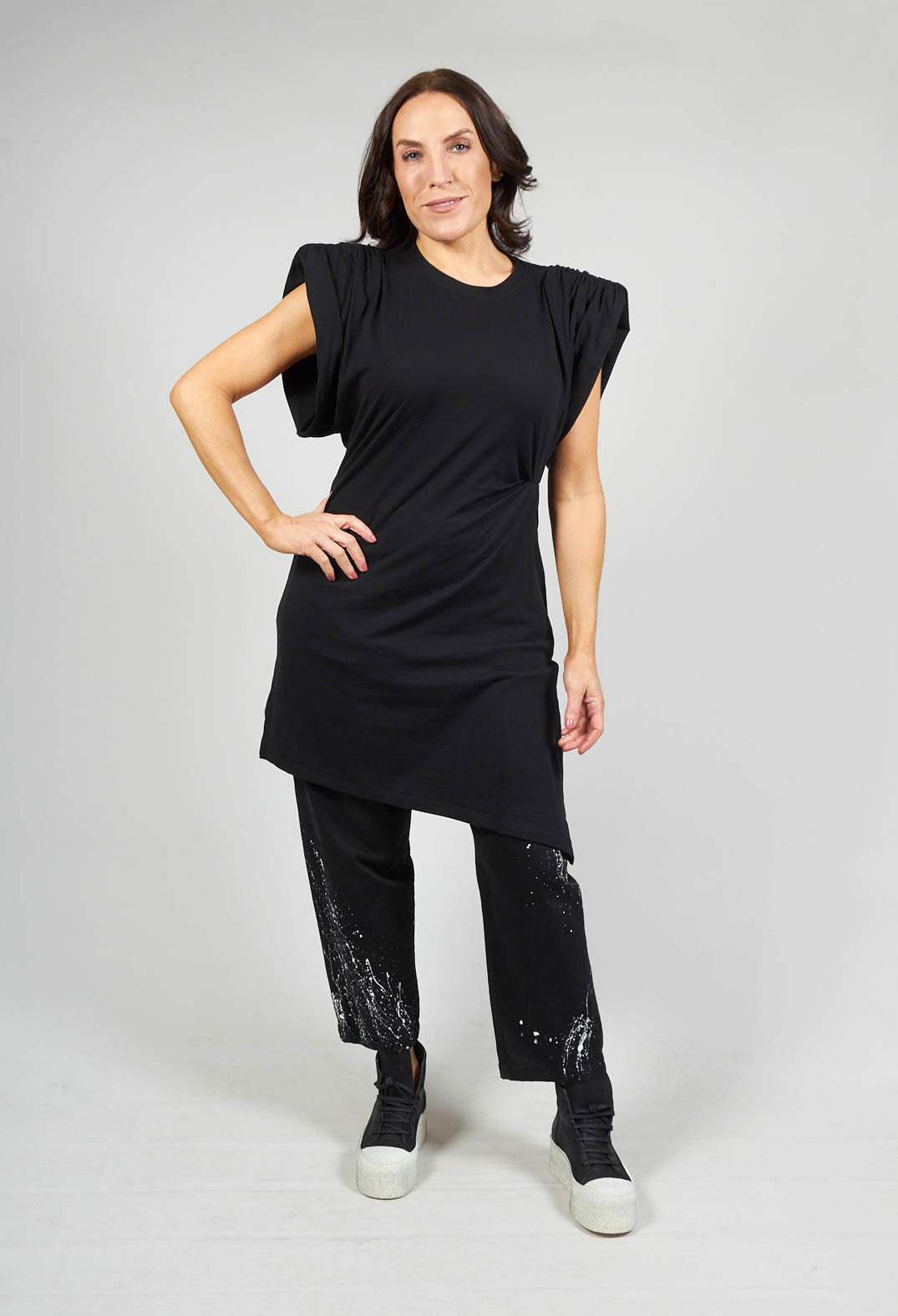 Ruched Shoulder Padded Dress in Black