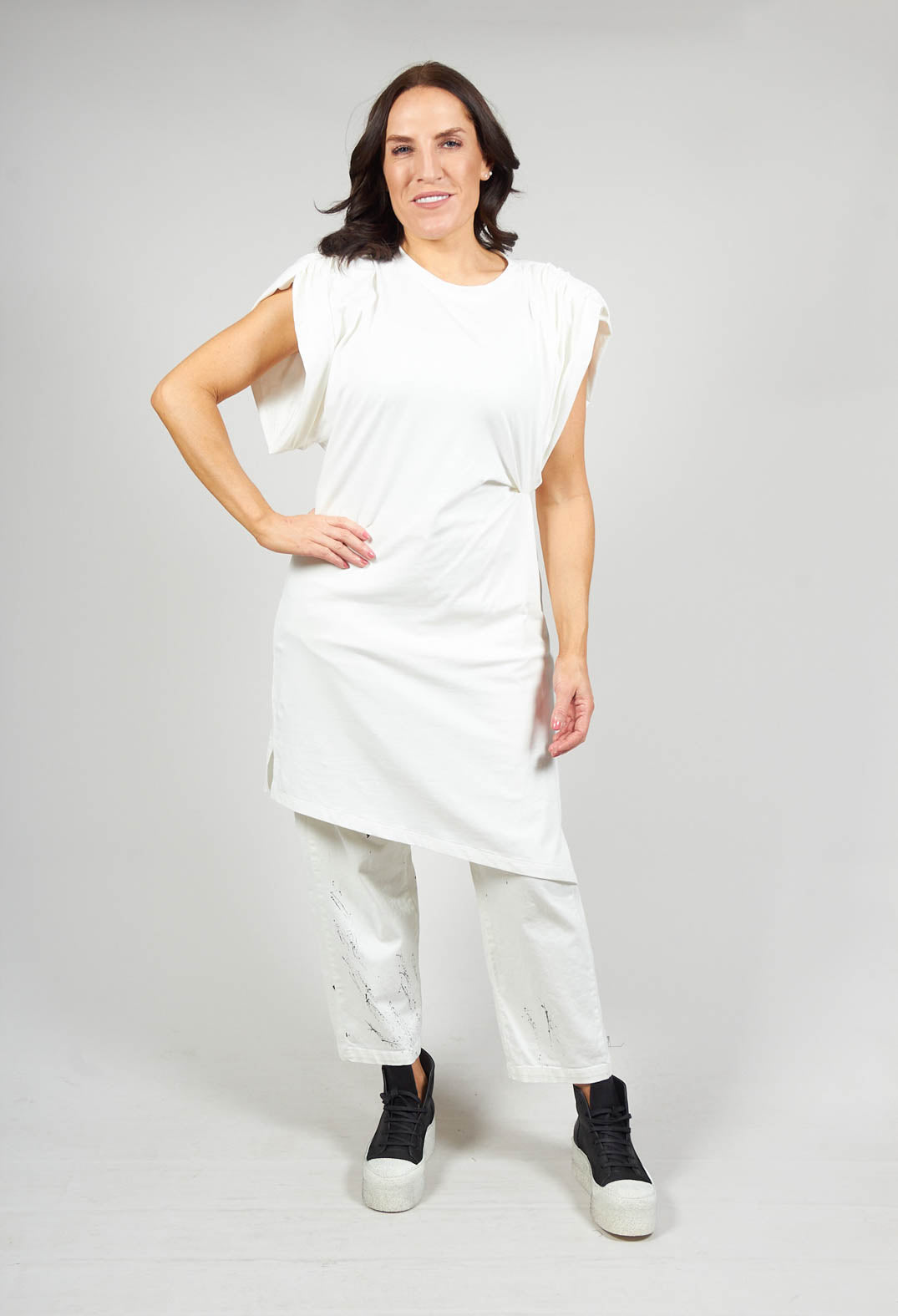 Ruched Shoulder Padded Dress in White