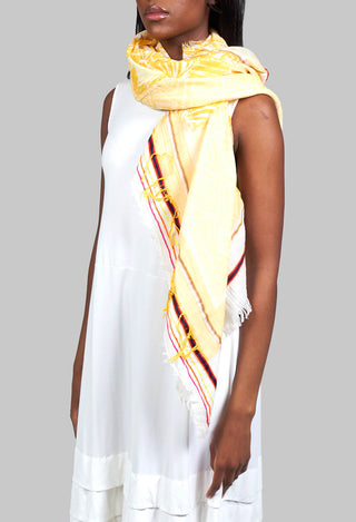 Semi Sheer Yellow Scarf with Floral Print Pannels