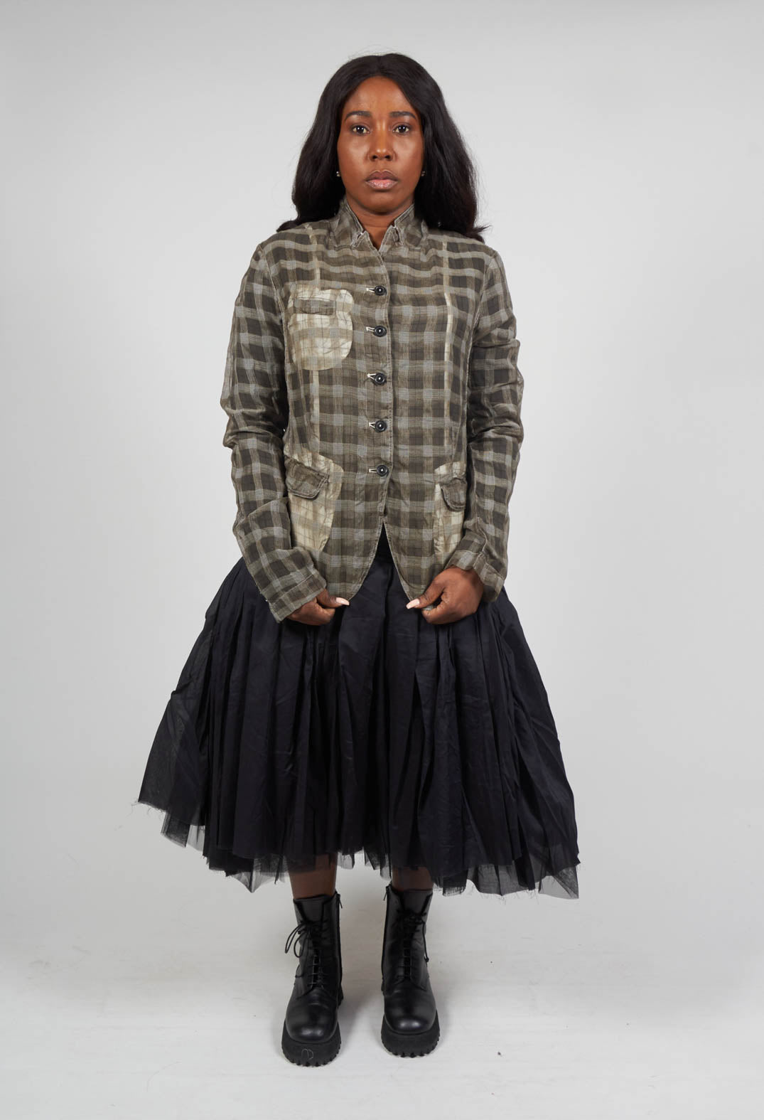 Sheer Fitted Jacket in Linen Check