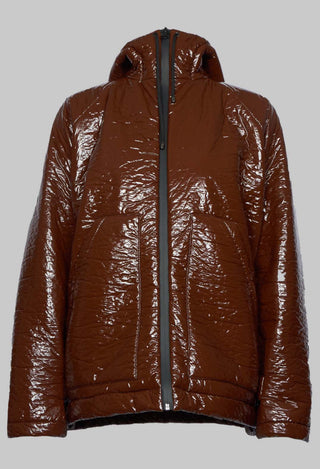 Short A Line Jacket with Hood in Glossy Mahony