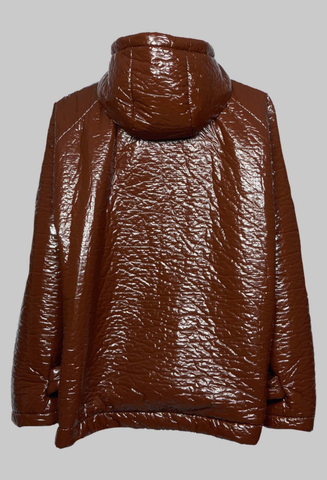 Short A Line Jacket with Hood in Glossy Mahony