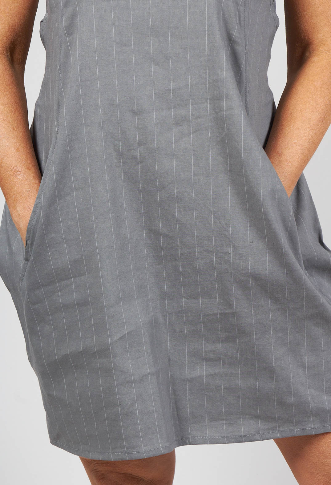Short Pinstripe Dress with Elasticated Belt in Grey