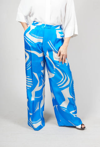 pretty silk trousers in blue macro print