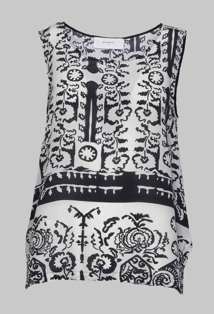 black print silk vest top with side splits