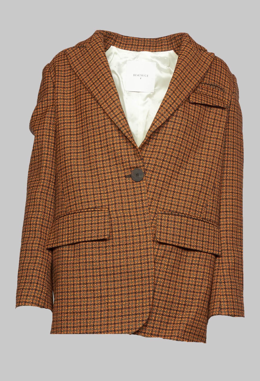 orange print houndstooth jacket with front pockets and collar detailing