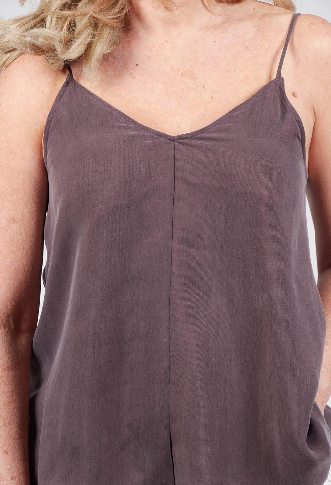 neck detail on skinny strap cami top in cocoa