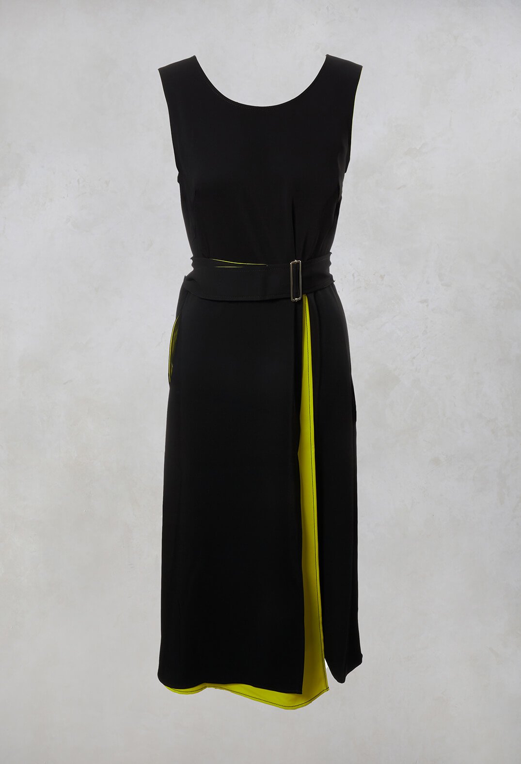 yellow fluorescent sleeveless dress with waist belt