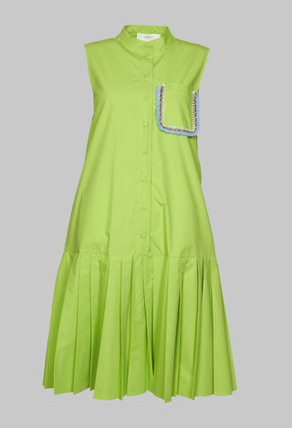 green sleeveless dress with pleated hem and button fastening