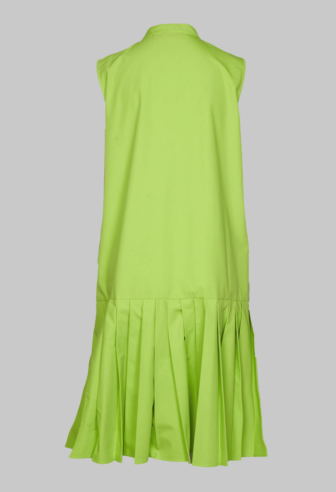 behind shot of long green sleeveless dress with pleated hem