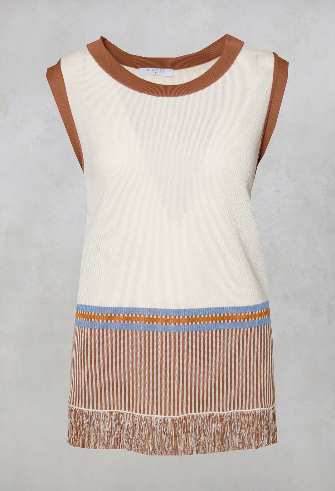 cream and brown sleeveless knitted top 