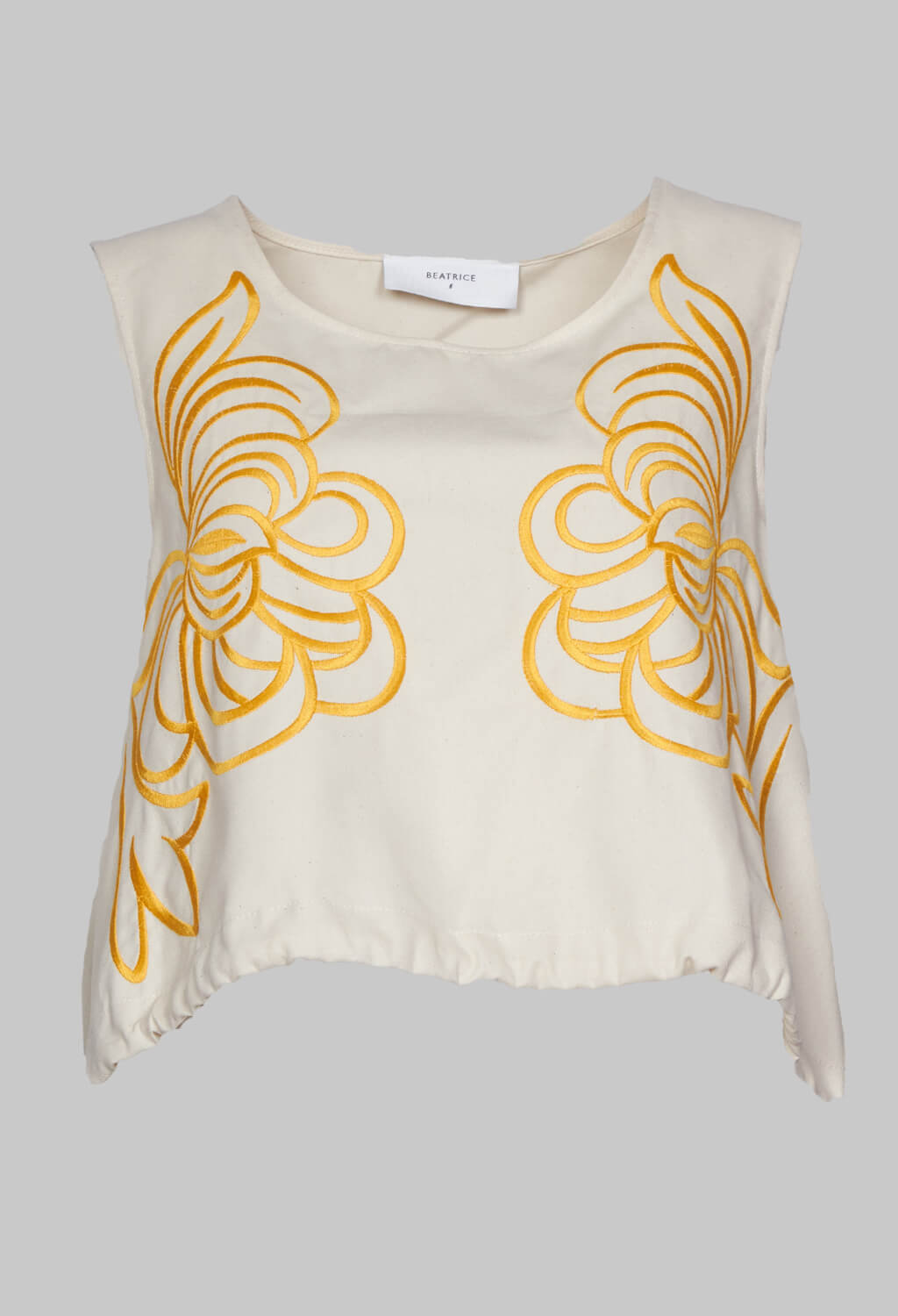 vest style top with embroidered front and drawstring waist