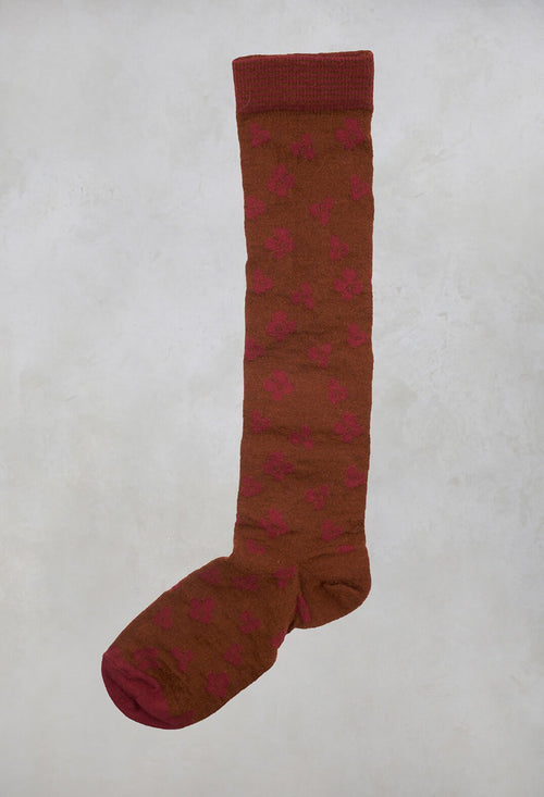 Long Length Socks with Flower Pattern in Brown Red