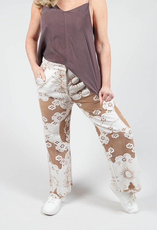 Straight Leg Trousers with Lace Detail in Tan Brown