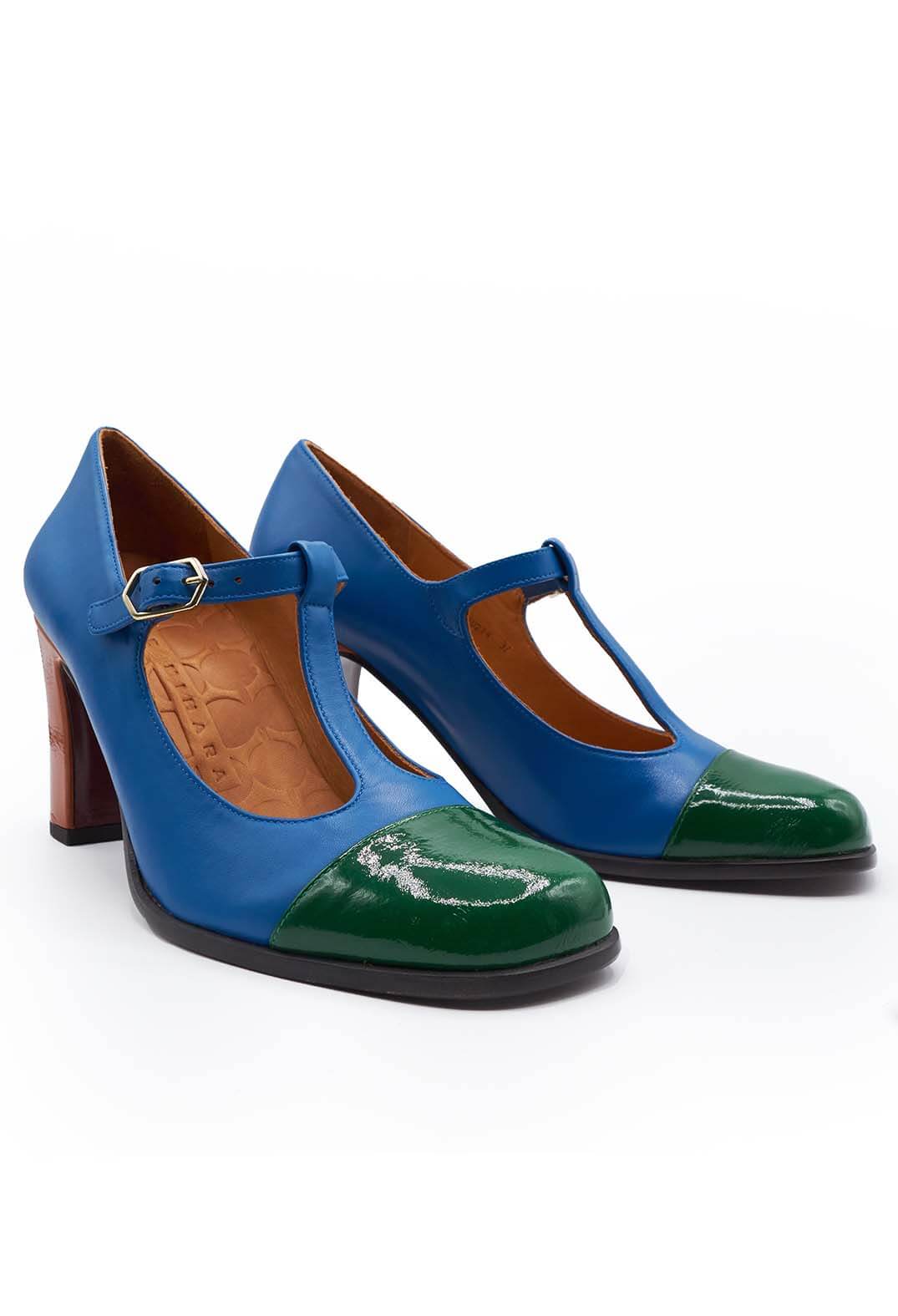 T Bar Heeled Shoes in Green and Ocean - Main Image
