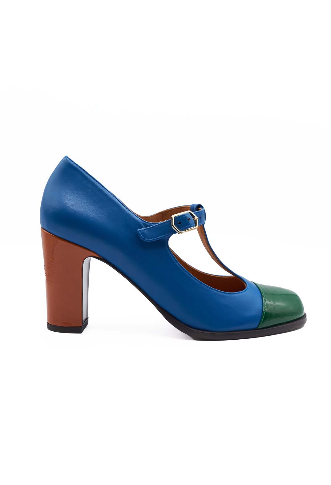 T Bar Heeled Shoes in Green and Ocean