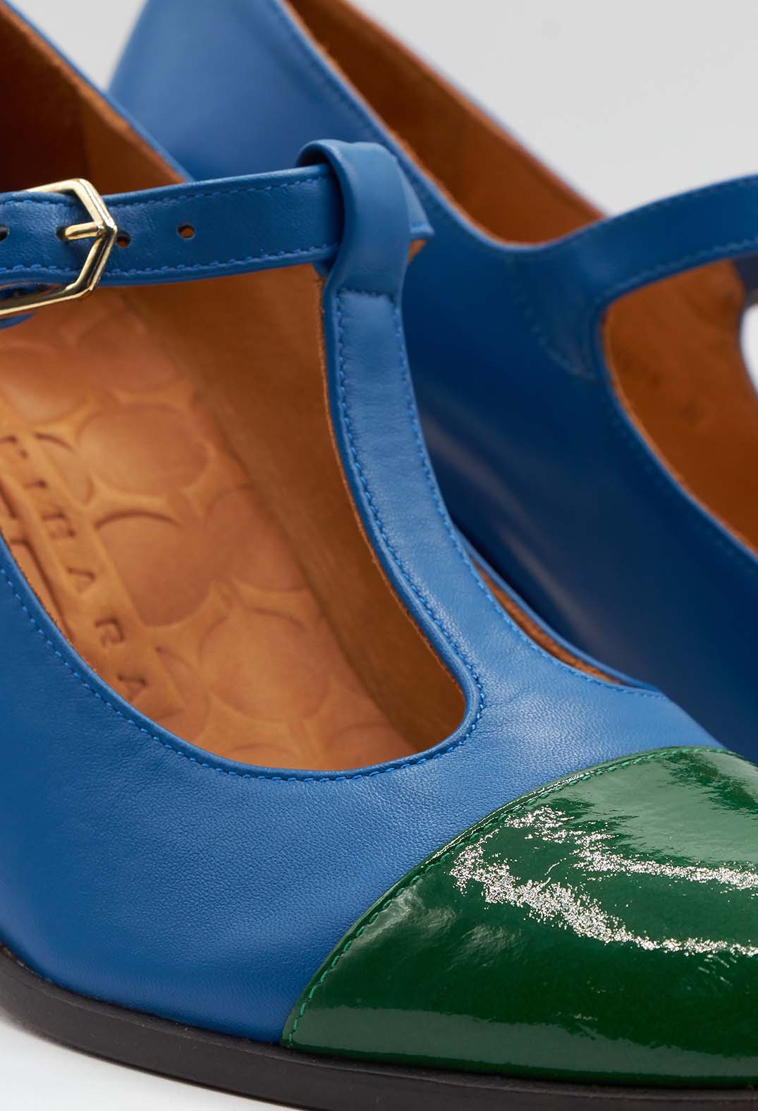 T Bar Heeled Shoes in Green and Ocean