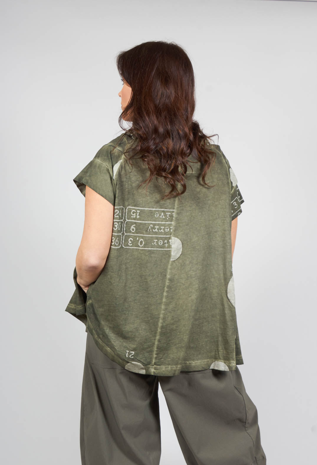 T-Shirt with Twist Detail Neckline in Olive Dot