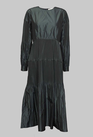 grey taffeta dress with pleated sleeves